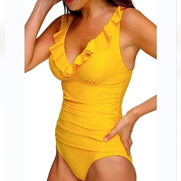DKNY Women's  yellow Ruffle Detail underwire One Piece Swimsuit Size 12 - Picture 9 of 11
